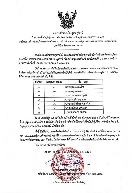 ‼️สำคัญ‼️
🌈อำเภอเมืองสุราษฎร์ธานี
📢📢ประกาศขึ้นบัญชีผู้ผ่านการคัดเลือกเพื่อจัดจ้างเป็นลูกจ้างเหมาบริการ (เจ้าหน้าที่ปกครอง) ประจำปีงบประมาณ พ.ศ.2568
         🔷ตามที่อำเภอเมืองสุราษฎร์ธานี ได้ดำเนินการคัดเลือกและประมวลผลคะแนนตามเกณฑ์การตัดสินที่กำหนดในประกาศรับสมัครเสร็จเรียบร้อยแล้ว จึงประกาศขึ้นบัญชีผู้ผ่านการคัดเลือกฯ ให้ทราบโดยทั่วกัน
         📌ทั้งนี้ ให้ผู้ที่ผ่านการคัดเลือก ลำดับที่ 1 มารายงานตัวปฏิบัติงานภายในวันจันทร์ที่ 21 ตุลาคม 2567 เวลา 08.30 น. ณ กลุ่มงานบริหารงานปกครอง ที่ทำการปกครองอำเภอเมืองสุราษฎร์ธานี อาคารที่ว่าการอำเภอเมืองสุราษฎร์ธานี ชั้น 2 *หากไม่มาตามวัน เวลาดังกล่าว ถือว่าท่านสละสิทธิ์*
         🔷ประกาศ ณ วันที่ 18 ตุลาคม 2567