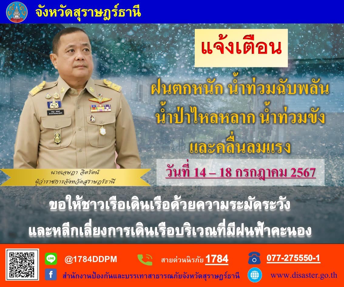 🌈อำเภอเมืองสุราษฎร์ธานี    
📢แจ้งเตือน!!🚨🚨
      🔷นายเจษฎา จิตรัตน์ ผู้ว่าราชการจังหวัดสุราษฎร์ธานี แจ้งเตือนฝนตกหนัก น้ำท่วมฉับพลัน และน้ำป่าไหลหลาก น้ำท่วมขัง และคลื่นลมแรงระหว่างวันที่ 14 - 18 กรกฎาคม 2567 ขอให้ชาวเรือเดินเรือด้วยความระมัดระวังและหลีกเลี่ยงการเดินเรือบริเวณที่มีฝนฟ้าคะนอง
      🔷แจ้งข้อมูลการประสบเหตุจากภัยธรรมชาติ และติดต่อสอบถามข้อมูลเพิ่มเติม ตามช่องทางการติดต่อดังต่อไปนี้
📞สายด่วนนิรภัย 1784
📞077-275550-1 (สำนักงาน ปภ.จ.สุราษฎร์ธานี)
📞077-288765 (อำเภอเมืองสุราษฎร์ธานี)