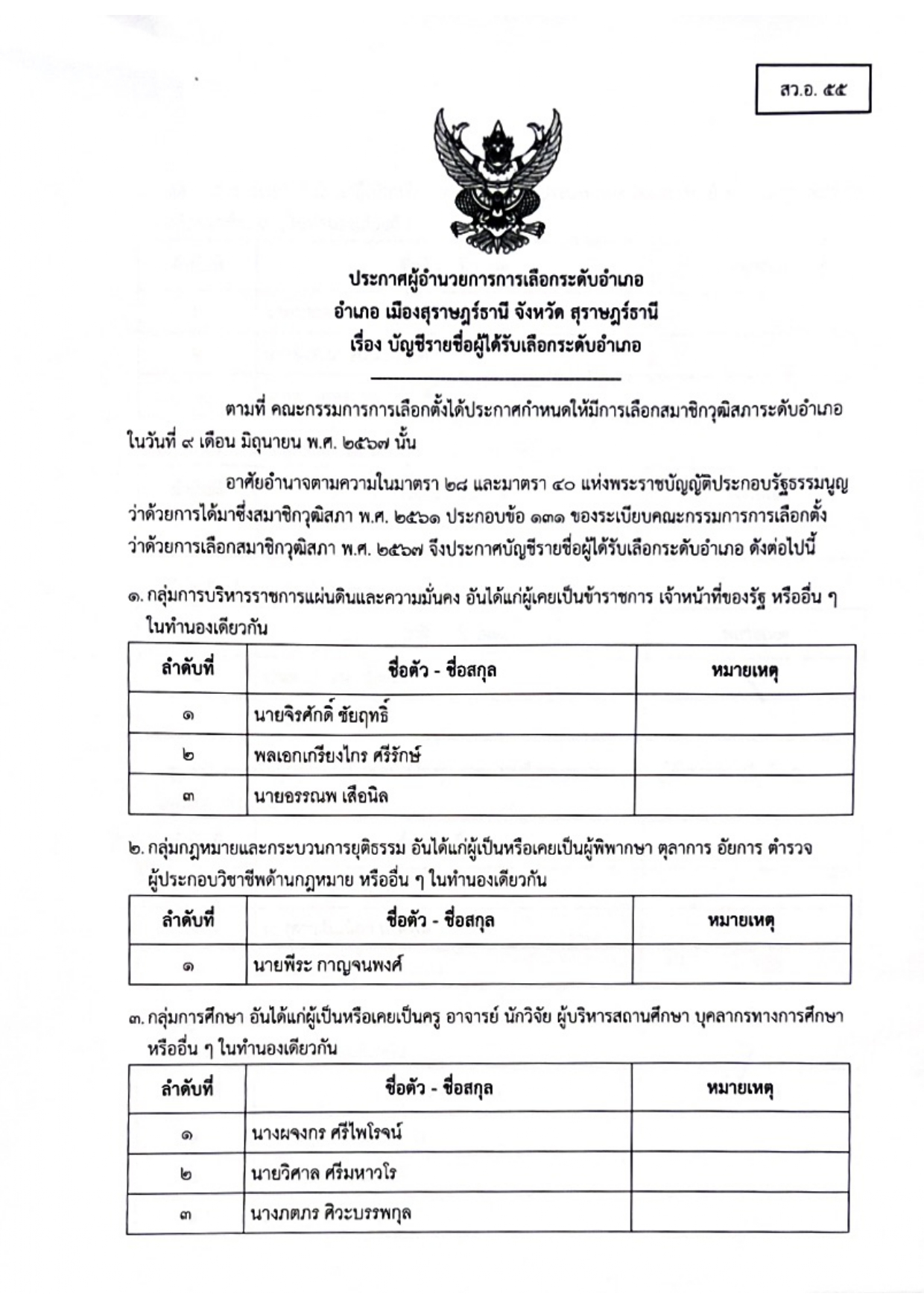 🌈อำเภอเมืองสุราษฎร์ธานี
📢📢ประกาศผู้อำนวยการการเลือกระดับอำเภอ
      เรื่อง บัญชีรายชื่อผู้ได้รับเลือกระดับอำเภอ อำเภอเมืองสุราษฎร์ธานี จังหวัดสุราษฎร์ธานี (สว.อ.55)
🔷ประกาศ ณ วันที่ 9 เดือน มิถุนายน พ.ศ.2567
